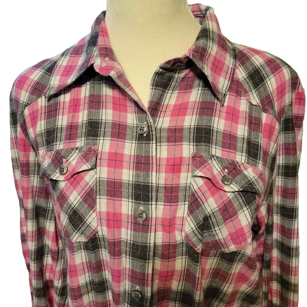 Izod 100% Cotton Pink and Gray Plaid Women's Button Down Shirt Size Medium